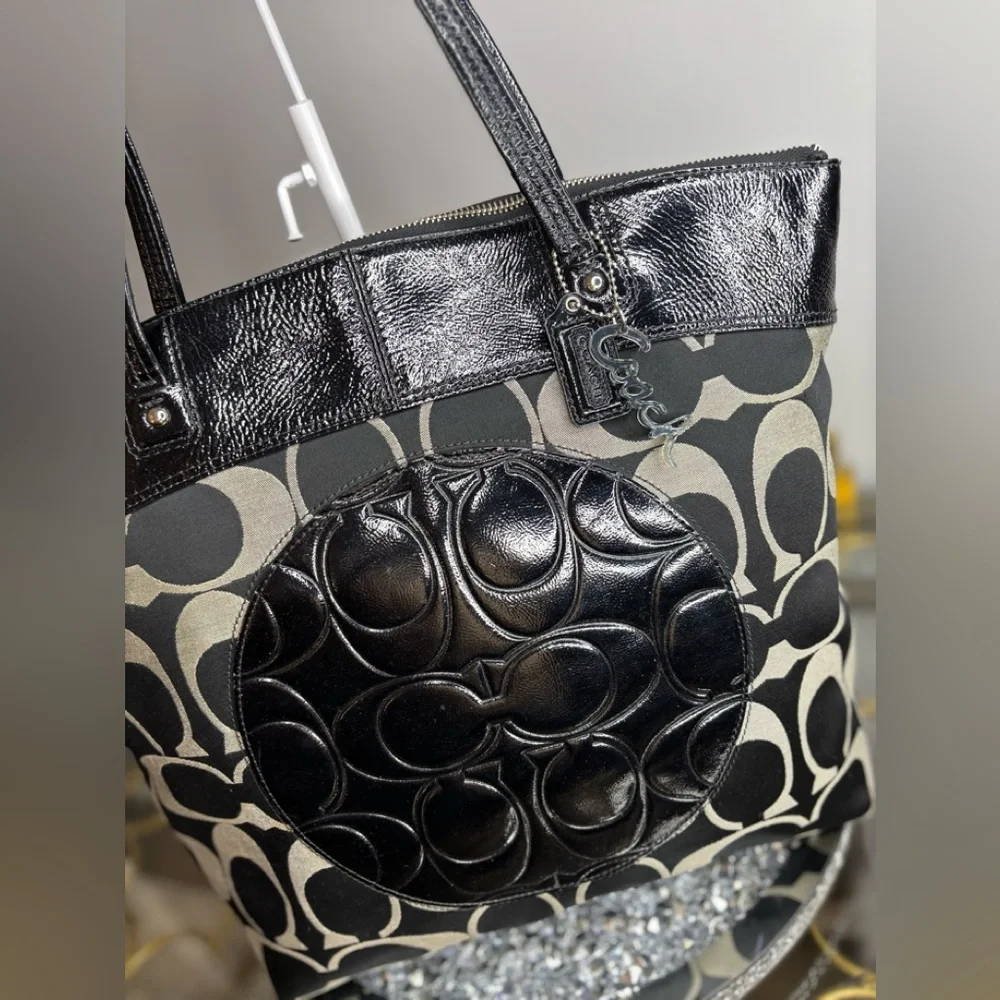 Coach Black and Khaki Signature Canvas Tote with Patent Trim